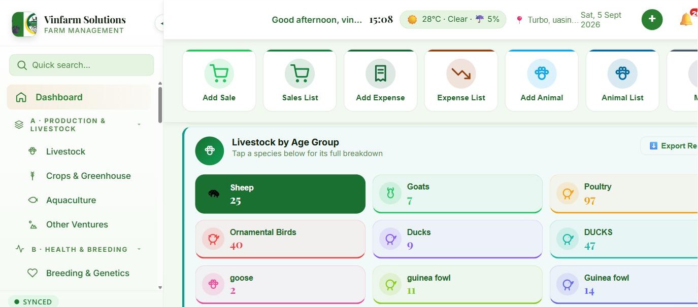 AgriPlan Livestock by Age Group — donut chart and per-species counts