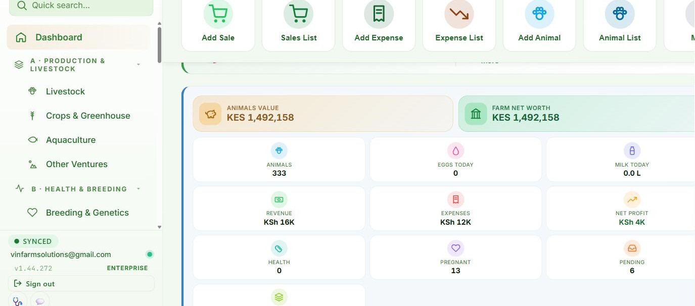 AgriPlan dashboard — real-time farm value, revenue and health score