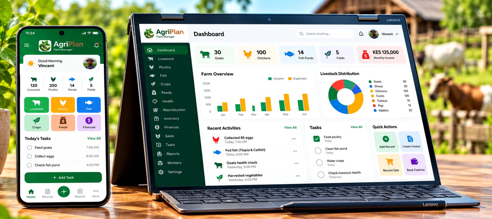 AgriPlan Farm Manager on a phone and a laptop: dashboard with livestock counts, income and expenses chart, today's tasks and quick actions