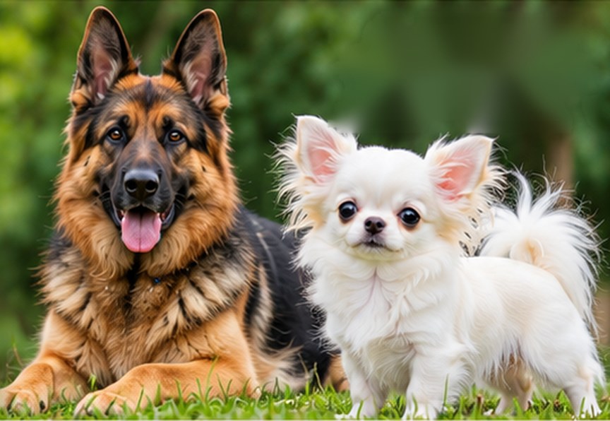 A German Shepherd and a Chihuahua on the grass