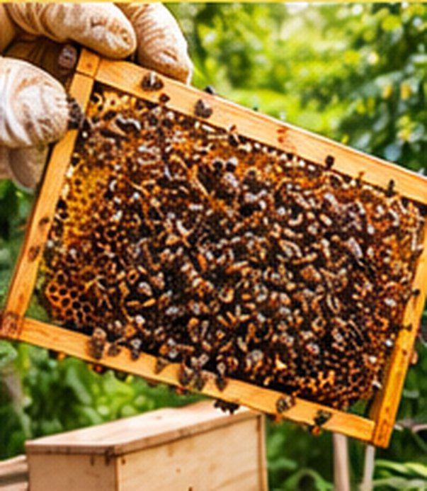 Bees on a honeycomb frame at Vinfarm
