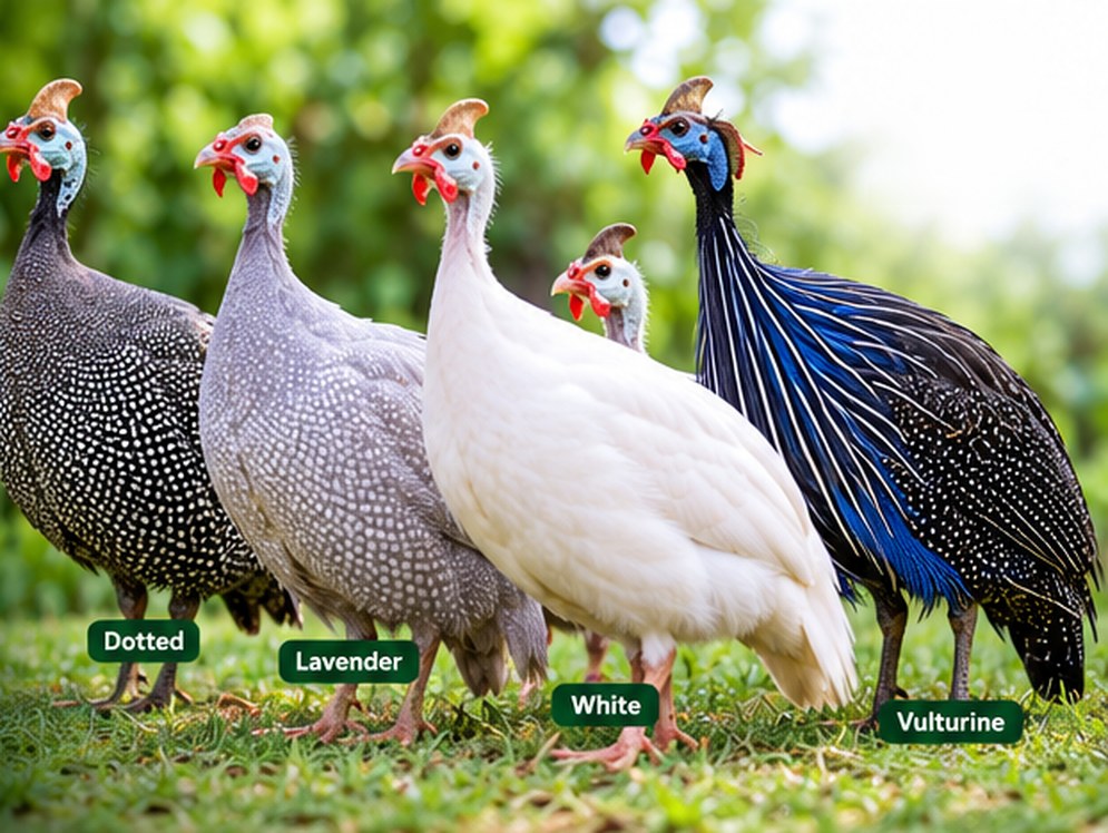 Dotted, Lavender, White and Vulturine guinea fowls