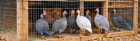 Guinea fowls in a wire-mesh house