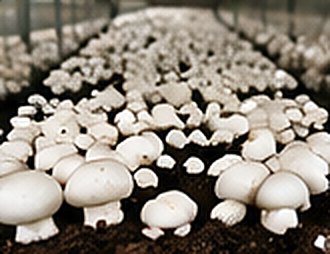 Button mushrooms in compost beds