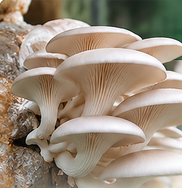 Cluster of white oyster mushrooms growing on a substrate bag