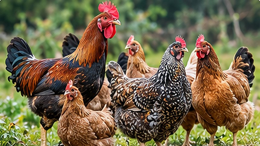 A flock of indigenous kienyeji chickens on pasture