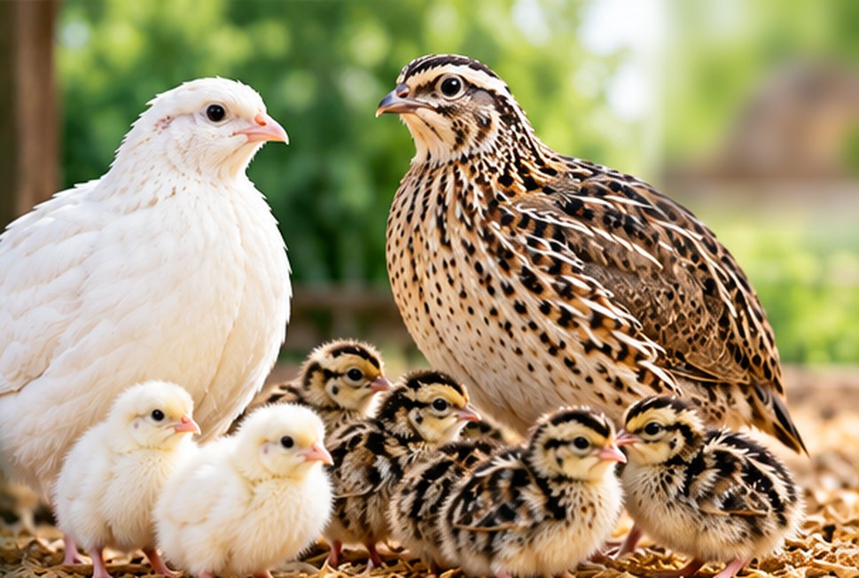 A white quail and a local quail with their chicks