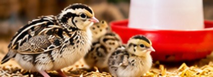Quail and chicks at a drinker